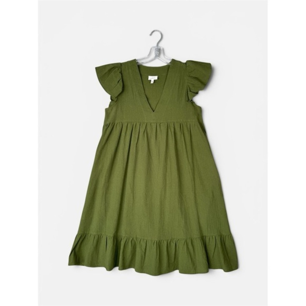 TheGet Olive Green Mini Dress Empire Waist XS Ruffle Hem V Neck Boho‎